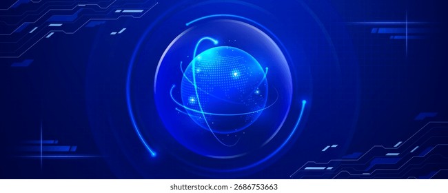 Globe inside glowing sphere on a blue futuristic technology background