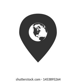 Globe inside Pin vector icon, Global Map Pointer. Vector illustration isolated on white background.