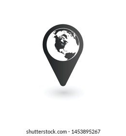 Globe inside Pin vector icon, Global Map Pointer. Vector illustration isolated on white background.