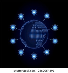Globe interconnected with glowing networks, circuit boards, global technology and icons, representing global connectivity international communication and the flow of information across the world