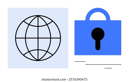 Globe interconnected lines on left and large lock with keyhole on right. Ideal for internet security online privacy data protection cybersecurity global communication. Clean minimal modern style