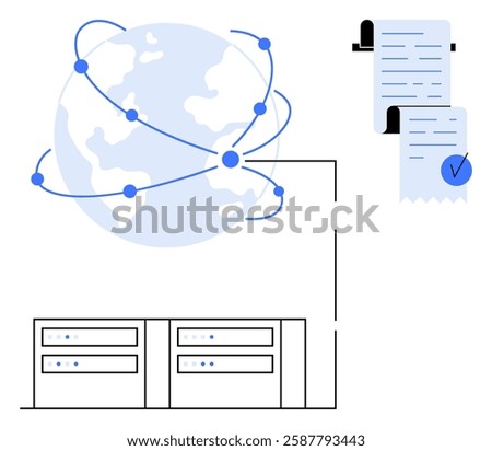 Globe with interconnected nodes pairs with receipt and server icons. Ideal for global networking, data management, cloud computing, digital validation, financial transactions. Simple clean design