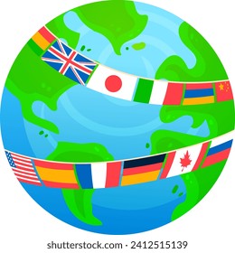 Globe with international flags, world unity concept. Global cooperation and diversity, Earth globe with flags vector illustration.