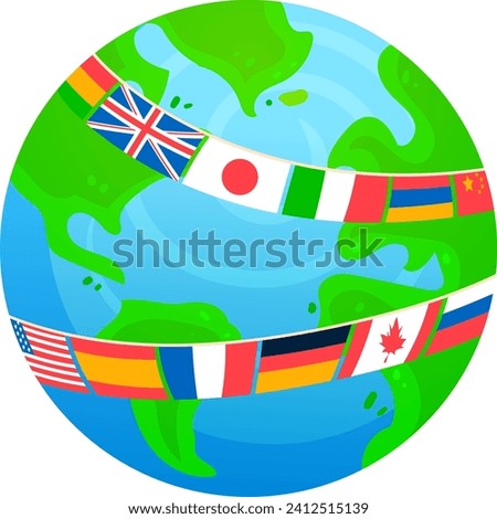 Globe with international flags, world unity concept. Global cooperation and diversity, Earth globe with flags vector illustration.