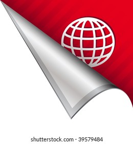 Globe or international icon on vector peeled corner tab suitable for use in print, on websites, or in advertising materials.