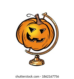 globe international pumpkin Halloween creepy face funny holiday comics illustration drawing