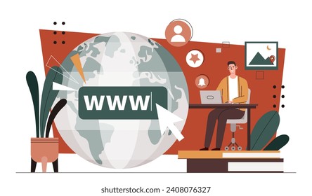 Globe internet concept. Man with laptop searching for imformation at websites and webpages. Young guy with online searching. Cartoon flat vector illustration isolated on white background