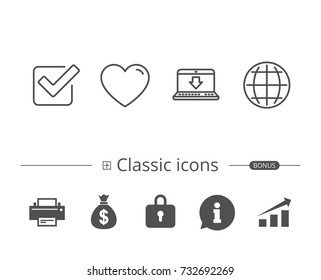 Globe internet, Download and Check line icons. Notebook or Laptop sign. Information speech bubble sign. And more signs. Editable stroke. Vector