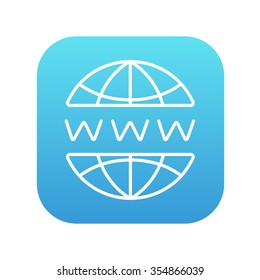 Icono de la línea de internet de globo para web, móvil e infografía. Icono de blanco vector en el cuadrado de gradiente azul con esquinas redondeadas aisladas en fondo blanco.