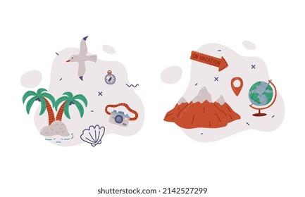 Globe, Island and Palm Tree on Shore as Travel and Tourist Item Vector Composition Set