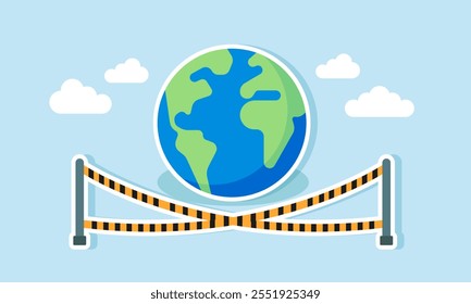 A globe isolated and restricted by danger warning lines, illustration of a business field in isolation