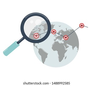 Globe with key points. Growth graph on the background of the map of the mainland. Study of geographical indications. Magnifier search