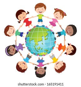 Globe kids. International friendship day. Earth day. Vector illustration of diverse Children Holding Hands.