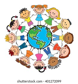 Globe Kids. International Friendship Day. Earth Day. Vector Illustration Of Diverse Children Holding Hands.