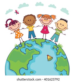 Globe Kids. International Friendship Day. Earth Day. Vector Illustration Of Diverse Children Holding Hands.