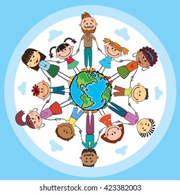 Globe kids. International friendship day. Earth day. Vector illustration of diverse Children Holding Hands.