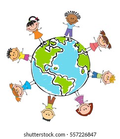 Globe kids. International friendship day. Earth day. Vector illustration of diverse Children Holding Hands.