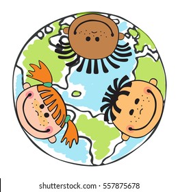 Globe kids. International friendship day. Earth day. Vector illustration of diverse Children Holding Hands.