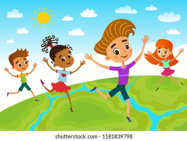 Globe kids on globe. International friendship day. Earth day. Vector illustration of diverse Children Holding Hands.