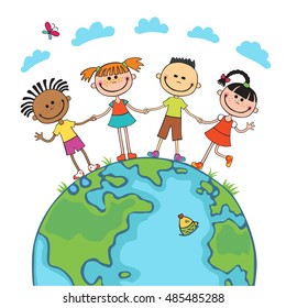 Globe kids on globe. International friendship day. Earth day. Vector illustration of diverse Children Holding Hands.