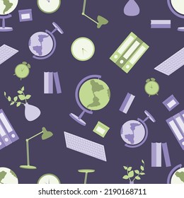 Globe, lamp flowers books seamless pattern. Back to school concept. Vector illustration
