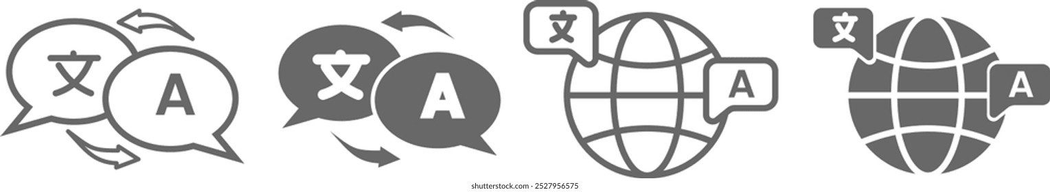 Ícone de tradução de idioma globo em estilo de estrutura de tópicos e plano. Símbolo de tradução internacional para empresas.