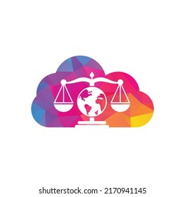 Globe law cloud shape concept logo vector icon. Scales on globe icon design.	