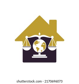 Icono vectorial del logotipo de la forma del hogar de la ley del globo. Escala en el diseño de iconos del globo.