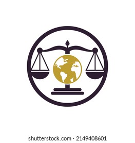 Globe law logo vector icon. Scales on globe icon design.