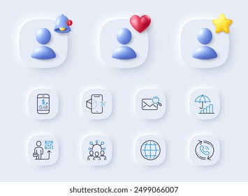 Globe, Leadership and Call center line icons. Placeholder with 3d bell, star, heart. Pack of Mobile finance, Squad, Search mail icon. Inflation, Augmented reality pictogram. Vector