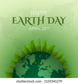 Globe and leaf Earth Day illustration on green gradient background design