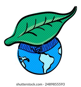 Globe with leaf halftone icon hand drawn color vector illustration