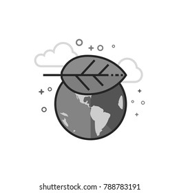 Globe with leaf icon in flat outlined grayscale style. Vector illustration.