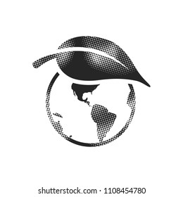 Globe with leaf icon in halftone style. Black and white monochrome vector illustration.