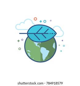 Globe with leaf icon in outlined flat color style. Vector illustration.
