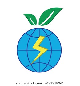 Globe with leaf and lightning bolt symbolizing eco-friendly, sustainable global energy solutions.