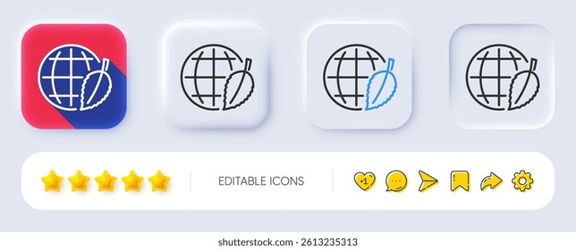 Globe with leaf line icon. Neumorphic, Flat shadow, 3d buttons. World sign. Environment day symbol. Line environment day icon. Social media icons. Vector