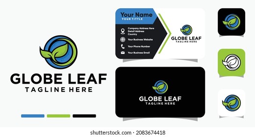 Globe leaf logo and business card design vector template