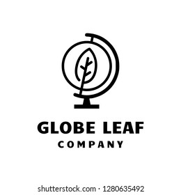 Globe and leaf logo template in black colour and mono line style