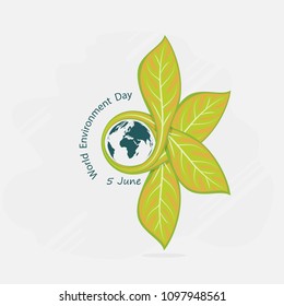 Globe and Leaf sign. World Environment day concept vector logo design template.June 5st World Environment day concept.World Environment day Awareness Idea Campaign.Vector illustration.