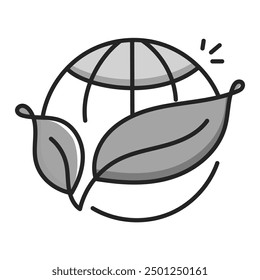 Globe with Leaf Symbol: Earth Protection, Global Sustainability, Eco-Consciousness, Renewable Resources, Environmental Awareness. Vector Editable Stroke and Colors.