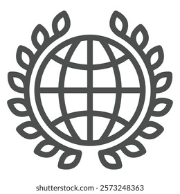 Globe with leaves branch line icon, world justice concept. Vector graphics. Planet with leaf branches sign on white background, outline style icon for mobile or web design