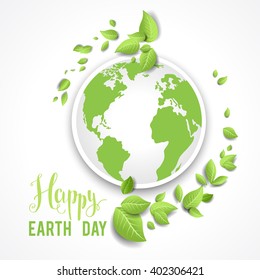 Globe and leaves. Concept for design banner,ticket, leaflet and so on.Template page for Earth day. Holiday card. Green globe and leaves.