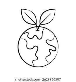 Globe with leaves denoting eco friendly concept, hand drawn icon