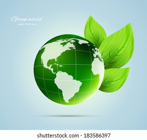 Globe with leaves. Ecology concept. Vector illustration. Sphere with map. Save the world