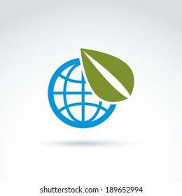Globe with leaves growing icon, ecological environment theme concept, vector conceptual unusual symbol for your design.