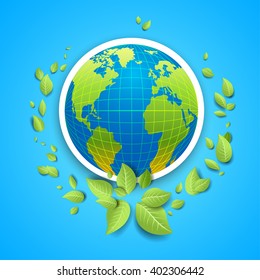 Globe and leaves on blue background. Concept for design banner,ticket, leaflet and so on.Template page for Earth day. Holiday card. Green globe and leaves.