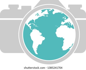 A globe in the lens of a camera