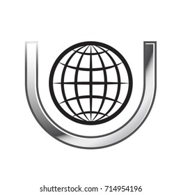 globe with letter U icon in silver & black-vector drawing