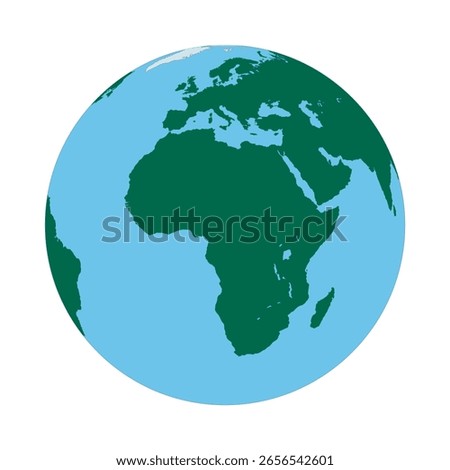 Globe in Light Blue and Dark Green Color Focused on European and African continents, vector illustration isolated on white background, eps